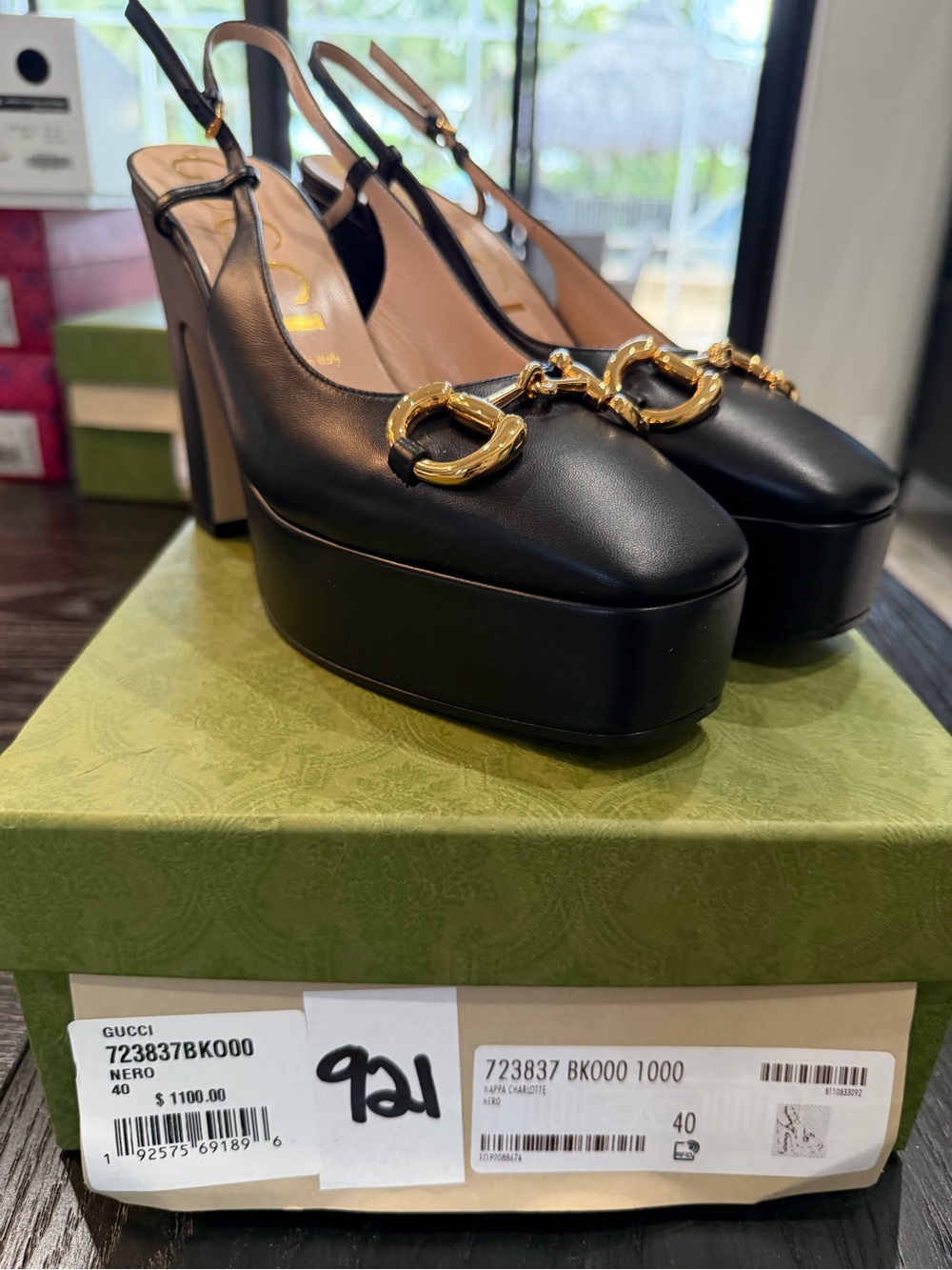 Gucci Black Leather Platform Slingback Pumps with Gold Horsebit Accents
